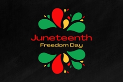 [ai] A decorative graphic featuring the text 'Juneteenth Freedom Day' in red and yellow, surrounded by colorful swirls in green and red, set against a black background.